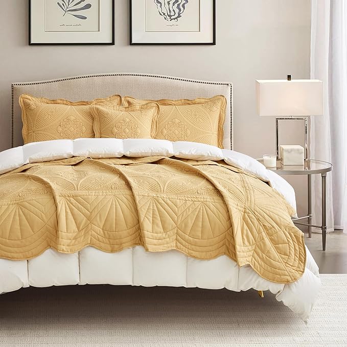 Bedspread - Full Size Bedding Cover - Modern & Contemporary Coverlet Set, Real Stitching, Reversible, Lightweight, 5 Piece, Honey Gold
