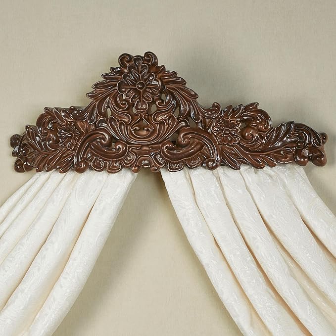 Cheyanne Traditional Wall Teester | Warm Natural Cherry Finish | Royal Resin Bed Crown Creates a Lavish Canopy with your Window Curtain Panels or Sheer Drapery | Classic Scrollwork and Medallions