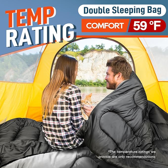 MEREZA Double Sleeping Bag for Adults Mens with Pillow, XL Queen Size Two Person Sleeping Bag for All Season Camping Hiking Backpacking 2 Person Sleeping Bags for Cold Weather & Warm