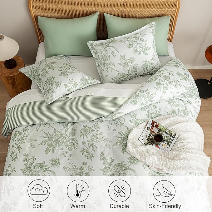 PHF Ultra Soft Floral Duvet Cover Queen Size, Printed Bedding Set 3 Pieces, Comfy Farmhouse Pattern Duvet Cover Set with 2 Pillow Shams, Zipper Closure and 8 Ties, 90"x90", Flower-Green