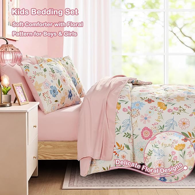 Twin Comforter Set for Girls Kids - 5 Pieces Pastel Garden Patterns Twin Bedding Sets for Girls Teen, Soft Cozy Bed in A Bag with Sheets