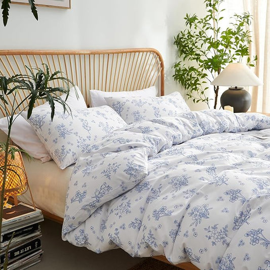 Nayoroom Blue Floral Duvet Cover Full Size Cottagecore Flower Leaf Spring Comforter Cover 3 Pcs Soft Breathable Microfiber Pastoral Aesthetic Bedding Set with Zipper Closure