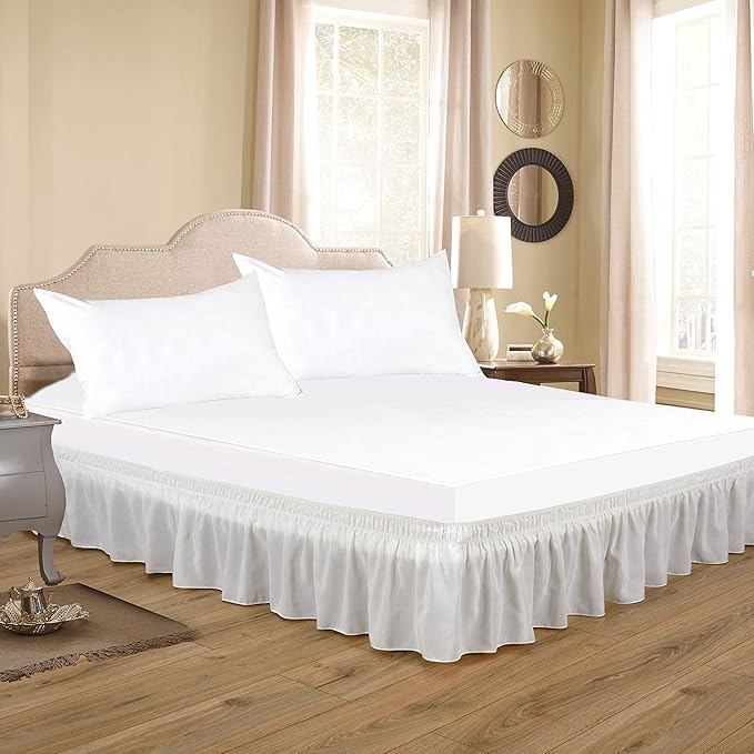 Bed Skirt Three Sides Fabric Adjustable Elastic Wrap Around Dust Ruffled Bed Skirts Olympic Queen, Ivory, 16 Inch Tailored Drop