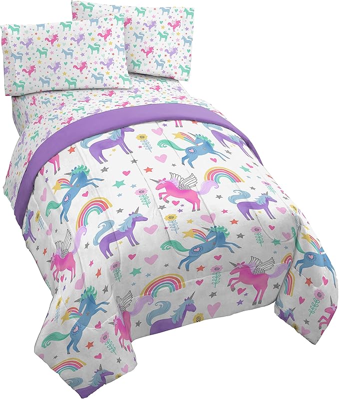 Jay Franco Unicorn Rainbow 4 Piece Twin Bed Set - Includes Comforter & Sheet Set - Super Soft Fade Resistant Microfiber