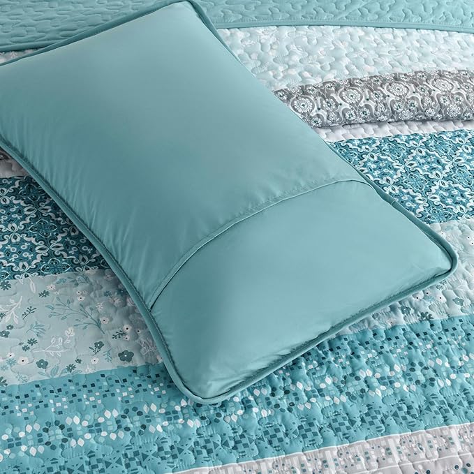 WONGS BEDDING Boho Quilt Set Full Size,Teal Bohemian Striped Patchwork Bedspread Set,3 Pieces Microfiber Bedding Set for All Seasons (78"x90")