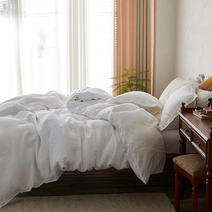 Simple&Opulence 100% Washed Linen Duvet Cover Set 68"x86" - 2 Pieces Soft Farmhouse Comforter Cover Set Double Embroidered with Button Closure - 1 Duvet Cover and 1 Pillowcase (White, Twin)