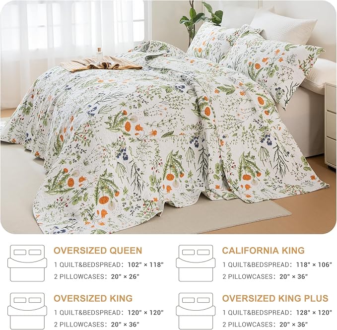 QSH 3Pcs Oversized King Quilt Set(120"x120"),100% Cotton Floral Bedspreads Bedding California King Yellow Flower Leaves Plant Botanical Printed Bedspread Coverlet Spring Lightweight Soft Bed Set