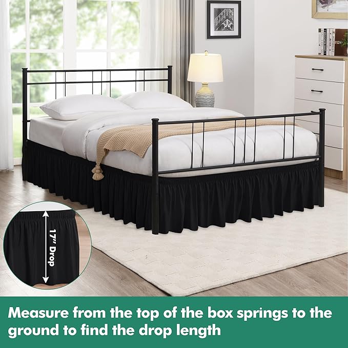 Biscaynebay Wrap Around Bed Skirts with Split Corners for King Beds 17" Drop, Black Elastic Dust Ruffles Adjustable Easy Fit Wrinkle & Fade Resistant Silky Luxurious Fabric Machine Washable