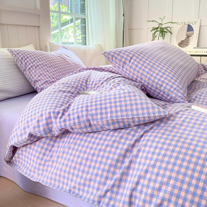 LifeTB Purple Gingham Comforter Set Full Modern Style Purple Pink Grid Plaid Comforter Soft Fluffy 3 Pieces Checkered Pattern Comforter Set Farmhouse Gingham Bedding Comforter with 2 Pillowcases
