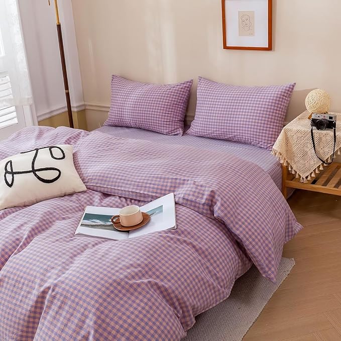 mixinni Purple Gingham Grid Duvet Cover Full, 100% Washed Cotton Modern Geometric Bedding Set with 2 Pillowcases, Farmhouse Style Yellow Plaid Comforter Cover Set for Men & Women, Soft & Lightweight