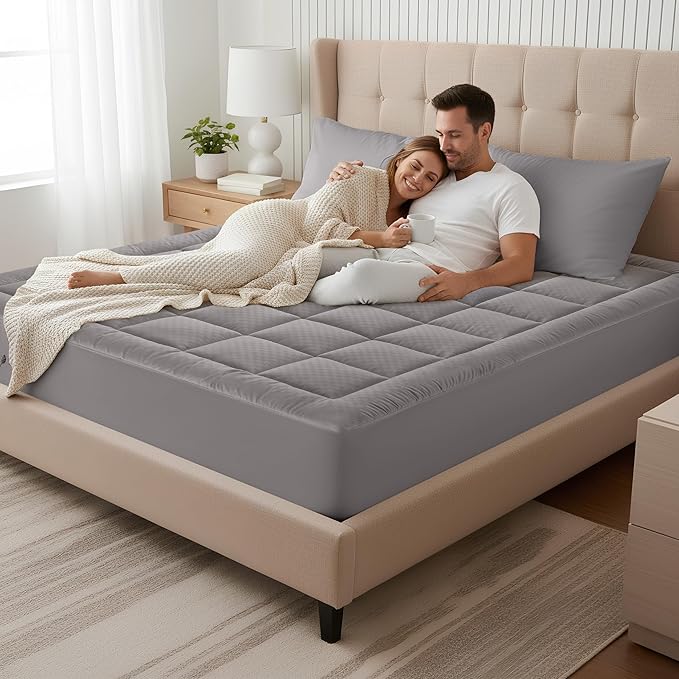 OLANLY Twin XL Quilted Fitted Mattress Pad, Elastic Fitted Mattress Topper, Cooling Soft Mattress Cover Stretches up to 21 Inches Deep, Machine Washable Mattress Protector (39x80 inch, Light Grey)
