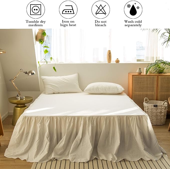 BISELINA French Linen Bed Skirt with Pleated Frills 22-Inch Tailored Drop Natural Flax Cotton Blend Dust Ruffle Soft Cozy Farmhouse Bedding (22" Queen, White)