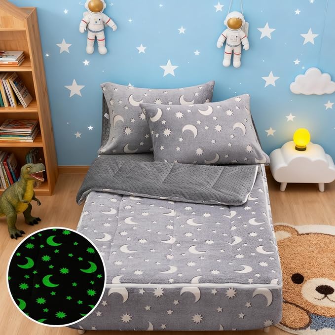 A Nice Night Star Moon Plush Zippered Comforter Set Zipper Bedding Glow in The Dark for Child, Twin,Grey