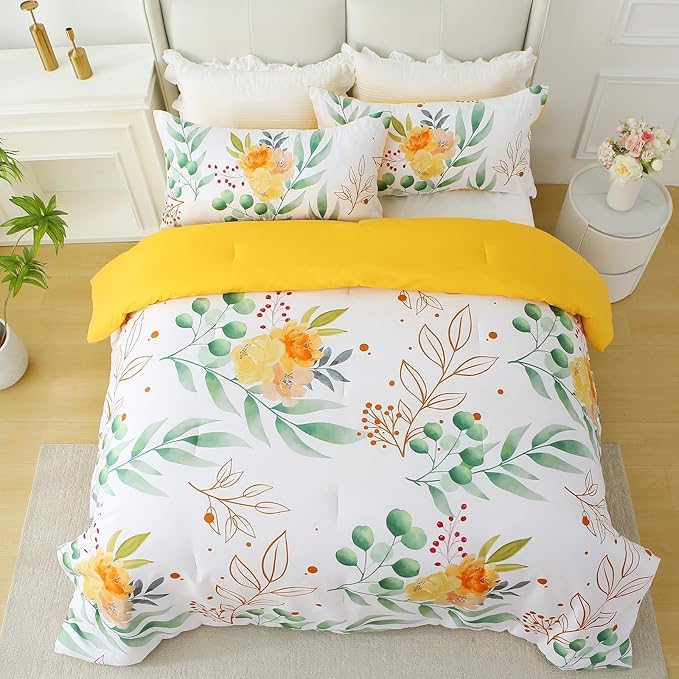 King Comforter Set Yellow 3 Pieces Bed in a Bag, Floral Bedding Sets Elegant Botanical Bed Set Lightweight Soft Comforter with 2 Pillowcases for All Season