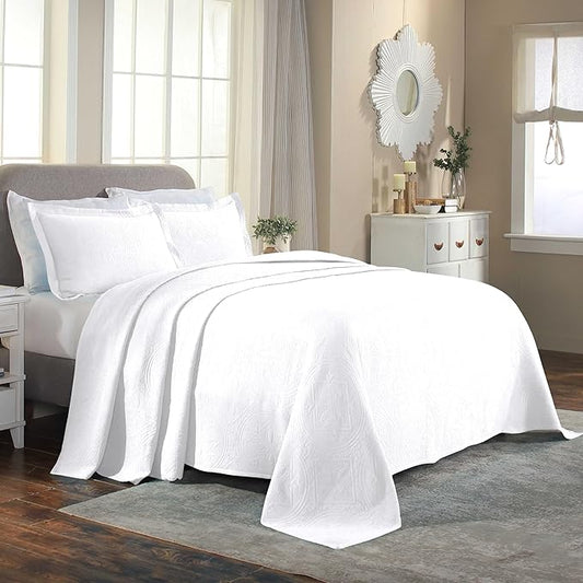 Superior 2 Piece Celtic Circles Cotton Bedspread Set, Decorative Bed Spread, Home Bed Decor, 1 Pillow Sham, Medium Weight Blanket, Matelasse Coverlet Bedding, Wedding Ring Design, Full, White