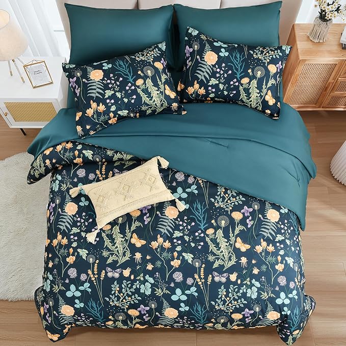 Yiran Blue Twin Comforter Set with Sheets, 6 Piece Floral Bed in a Bag with Botanical Flowers Patterns, Botanical Bedding Set, Soft Microfiber Complete Bedding Set with Sheets for All Season
