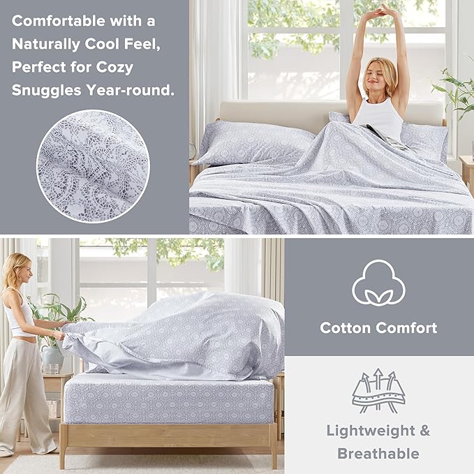 Comfort Spaces 100% Cotton Sheet Set Breathable, Lightweight, Soft with 12" Elastic Pocket Fits up to 14" Mattress, All Season Cozy Bedding, Matching Pillow Case, Twin XL Adelia Gray 3 Piece