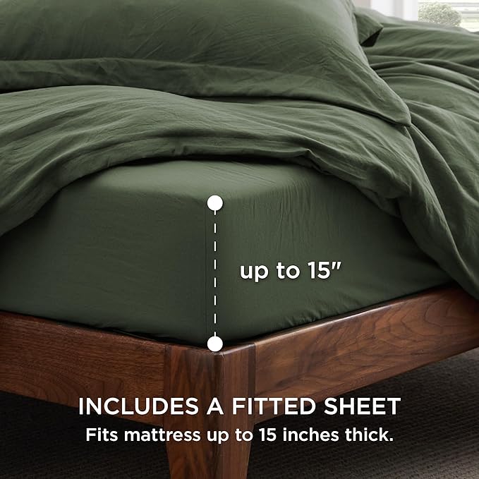 Bedsure California King Size Duvet Cover with Fitted Sheet - 4 Pieces Prewashed Polyester Extra Soft Bedding Set, Includes 1 Duvet Cover 104x98 Inches, 2 Pillow Shams, 1 Fitted Sheet, Olive Green