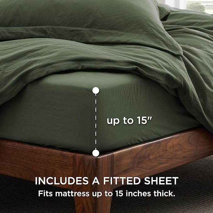 Bedsure Duvet Cover Queen Size with Fitted Sheet - 4 Pieces Prewashed Cotton-Like Extra Soft Bedding Set, Includes 1 Duvet Cover 90x90 Inches, 2 Pillow Shams, 1 Fitted Sheet, Olive Green