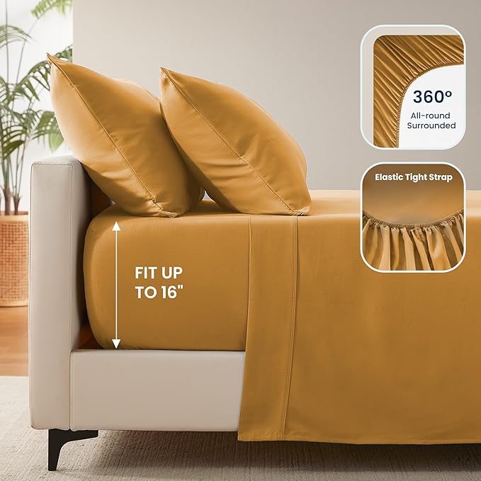 SLEEP ZONE Nanotex Super Soft Cooling King Bed Sheets Set 4 Piece - Easy Care Fitted Flat Sheet & Pillowcase Sets - Wrinkle Free, Fade Resistant, Deep Pocket 16" (Dull Yellow, King)