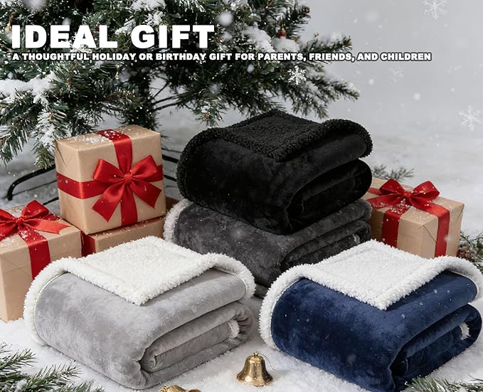 Navy Blue Twin Sherpa Fleece Blanket, Soft Fuzzy Flannel Blanket for Bed, Thick Warm Reversible Plush Blankets, Oeko-TEX Certified, Valentine’s Day Gifts, Navy Blue 60x80 Inches