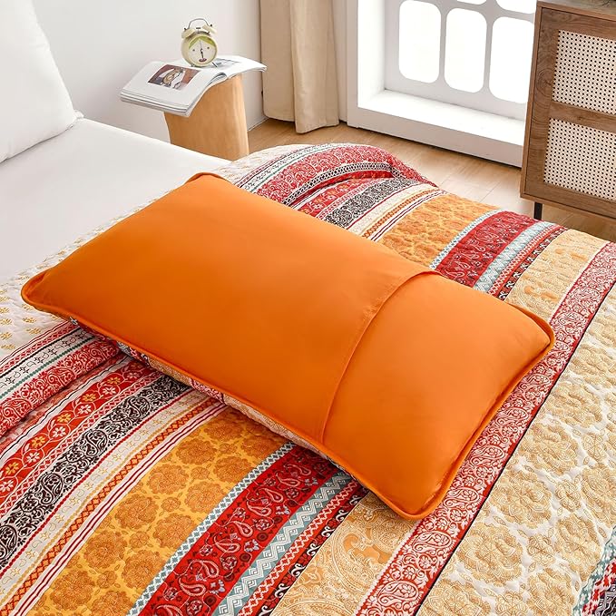 WONGS BEDDING Boho Stripe Quilt Set Queen Size, 3 Pieces Orange Bohemian Quilt Sets, Lightweight Soft Microfiber Bedspread Coverlet Bedding Set for All Season (96"x90")