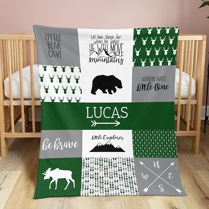 Personalized Baby Blankets for Boys, Baby Blanket for Boys with Name, Soft Plush Receiving for Newborns - Essential Baby Items, Woodland Bear Forest Green 35x45 Inches