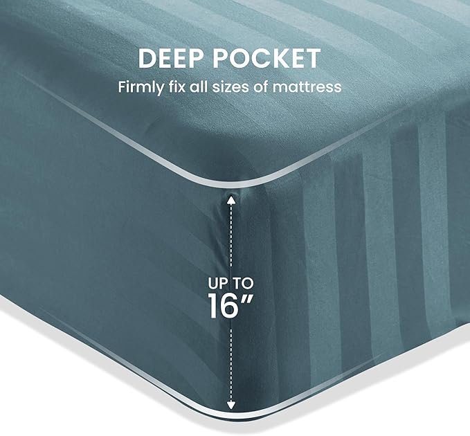 SLEEP ZONE Striped Cooling Twin Sheets Set for Kids - Fitted Flat Sheet & Pillowcase Sets 3 Piece - Super Soft Stripe Bed Sheet, Easy Care, Deep Pocket (Flint Blue, Twin)