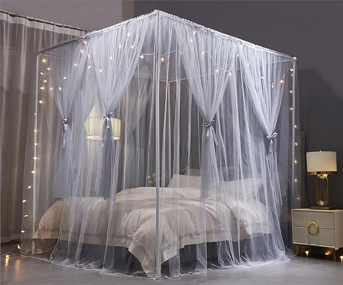 VETHIN 4 Corners Post Princess Bed Canopy Curtain Double Layer Cozy Drape Netting 4 Opening Mosquito Net for Girls & Adults Bedroom Decoration Accessories (Double Gray, 78" W*86" L*82"*H/(King))