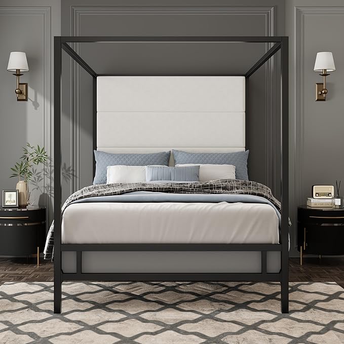Merax Queen Size Modern Canopy Bed Frame, with Tall Linen Fabric Upholstered Headboard Metal 4-Poster, Box Spring Needed, Black + White