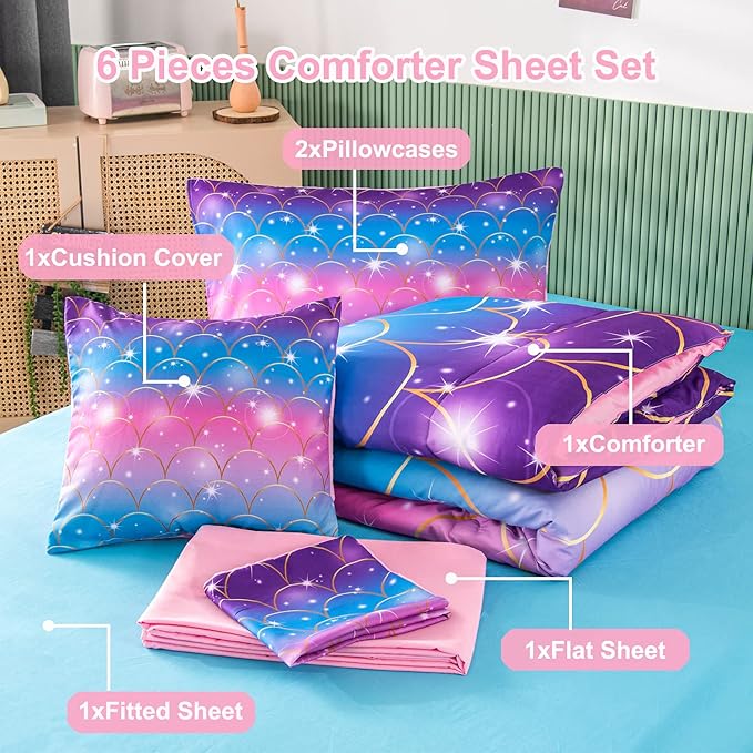PERFEMET Blue Pink Mermaid Tail Girls Bedding Set, 6 Pcs Colorful Rainbow Queen Size Comforter Set with Sheets, Sparkle Glitter Tie Dye Teen Girl Bed in A Bag Kids Bed Sets
