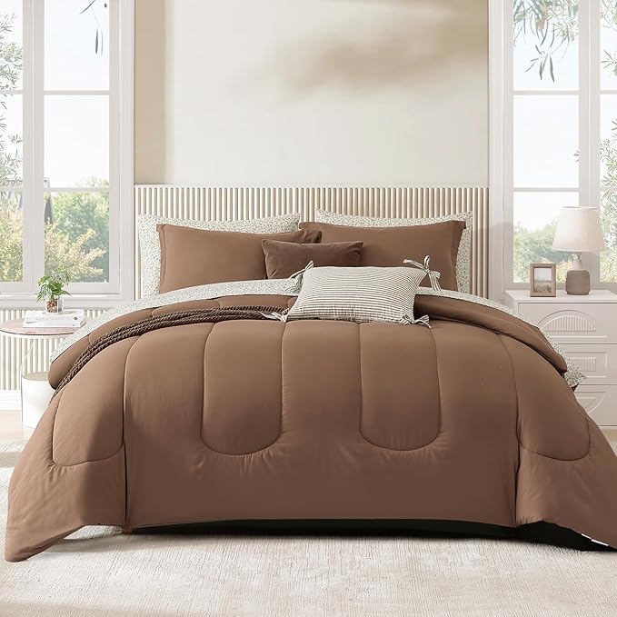 Monbix Full Comforter Set - 7 Pieces Brown Bed in a Bag Full Size Track Stitching Bedding Sets, All Seasons Comforter with Sheets, Pillowcases & Shams
