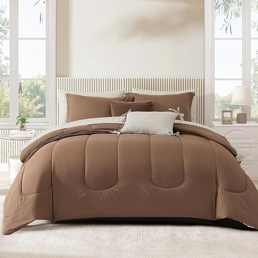 Monbix Full Comforter Set - 7 Pieces Brown Bed in a Bag Full Size Track Stitching Bedding Sets, All Seasons Comforter with Sheets, Pillowcases & Shams