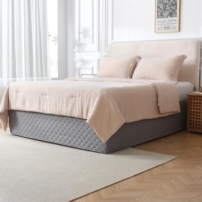 Queen Size Grey Bed Skirt with 14-Inch Drop, Easy Fit Wrap-Around Cover for Bed, Wrinkle-Free and Fade-Resistant Box Spring Cover. (Grey Seashells, Queen)