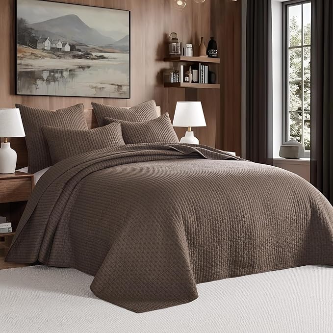 Levtex Home Cross Stitch Reversible King Bedspread Set (120x104in) with 2 Pillow Shams (36x20in) - Stitch Texture - Cocoa - Cotton King Size Bedspread Set - Soft, Pre-Washed