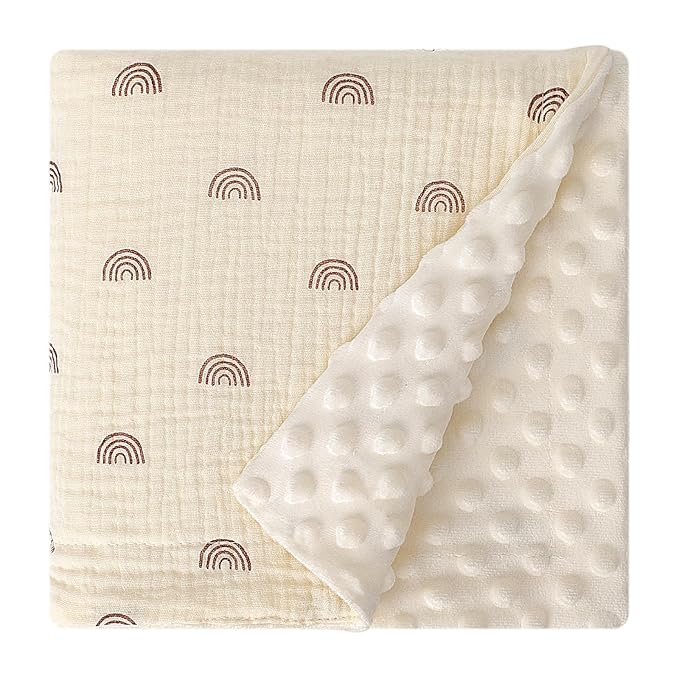 Cotton Muslin Front Nursery Fluffy Dotted Fleece Back Receiving Bed Quilt, Reversible Baby Blanket for Unisex Newborn Baby Toddler Boys Girls