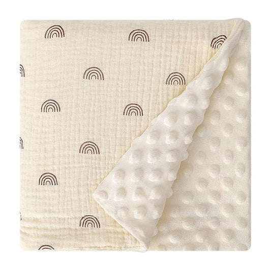 Cotton Muslin Front Nursery Fluffy Dotted Fleece Back Receiving Bed Quilt, Reversible Baby Blanket for Unisex Newborn Baby Toddler Boys Girls