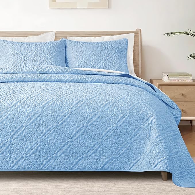 Exclusivo Mezcla Twin Quilt Bedding Set, Lightweight Soft Bedspreads Coverlets with 1 Pillow Sham, Modern Light Blue Quilts Twin XL Size for All Seasons