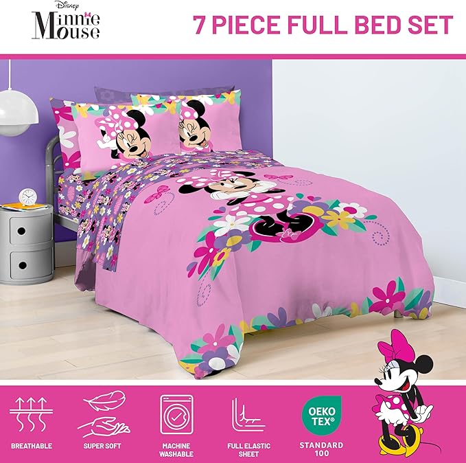 Jay Franco Kids Comforter Set Includes Sheets and Pillow Covers - Soft and Cozy Bed Set for Stylish Room Decor, Pink - Minnie Mouse 02, 7 Piece Full Size Bedding