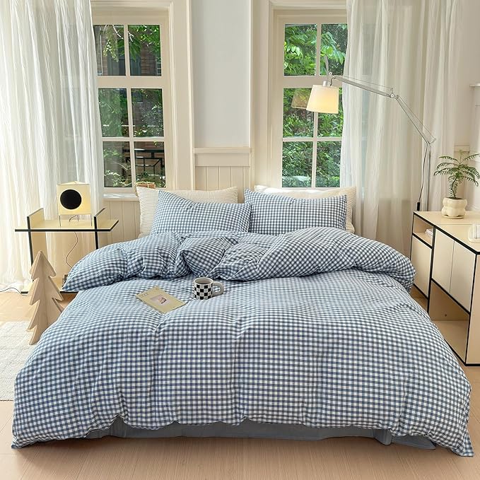 LifeTB Blue Gingham Comforter Set Full Size Modern Checkered Plaid Comforter Set 3 Pieces Blue Grid Bed Comforter with 2 Pillowcases Soft Fluffy Farmhouse Grid Plaid Bedding Set for All Seasons