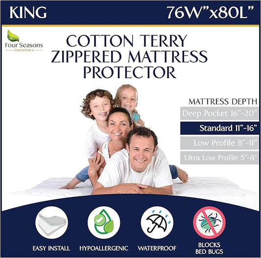 Zippered Waterproof Mattress Encasements - Hypoallergenic Mattress Protector Cover with Soft Cotton Terry Fabric Top - King Size 76' x 80'