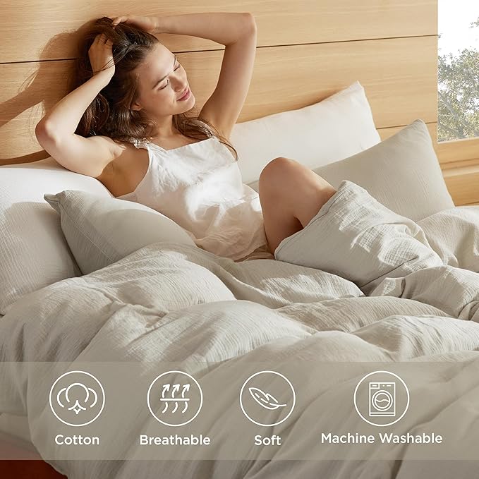 Bedsure 100% Muslin Cotton Duvet Cover King Size - Ultra-Soft, Breathable & Lightweight - Linen Like Gauze Comforter Cover Set with Button Closure and Corner Ties (Linen, King, 104"x90")
