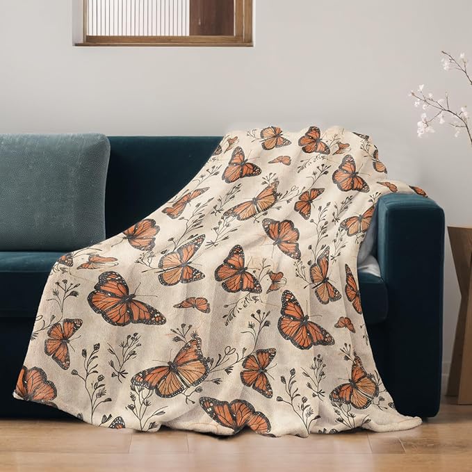 Butterfly Blanket Lightweight Blankets Gifts for Women Flannel Throw with Vintage Monarch Butterflies and Botanical Printed for Sofa, Bed, Picnic, Office, Retro Decor Throws 80x60 Inch
