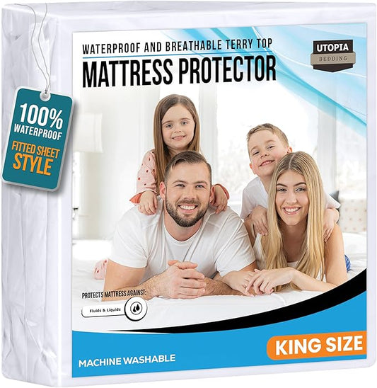 Utopia Bedding Waterproof Mattress Protector King Size, Premium 200 GSM Terry Mattress Cover, Soft & Breathable Bed Cover, Fitted Sheet Style with Stretchable Deep Pockets 17" (White)