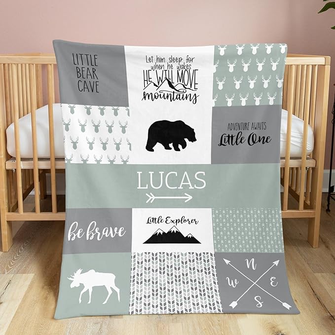 Baby Blanket with Name, Polyester Micro Soft Plush Baby Blankets for Boys with Print Animal Pattern and Soothing Raised Dots, Double Layer Bed Throws for Crib, Bear and Deer, Green, 35x45 Inches