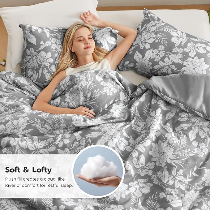Joiedomi Queen Comforter Set Grey, 3 Pieces Floral Queen Bedding Set with 1 Soft Reversible Botanical Flower Comforter and 2 Pillow Shams, Bed in a Bag for All Seasons