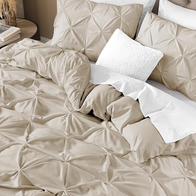 Litanika Oatmeal Oversized Queen Pinch Pleat Duvet Cover, 3 Pieces Pintuck Cover Soft Microfiber Bedding Set with Zipper Closure & Corner Ties(1 Duvet Cover, 2 Pillowcases)