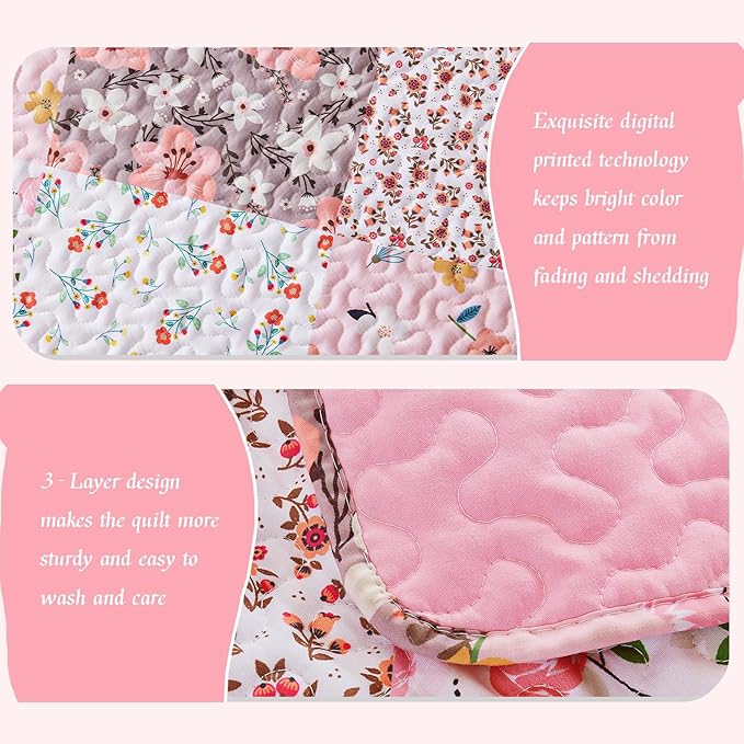 Whale Flotilla Patchwork Quilt King Size, Extra Soft Boho Floral Bedspreads for Bed Reversible Lightweight King Quilt Bedding Set Printed Coverlets with 2 Pillow Shams for All Seasons, Pink