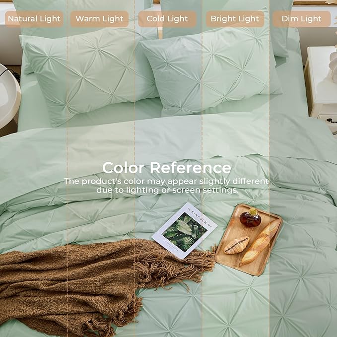Sasttie Full Size Comforter Set, 7-Piece Bed in a Bag, Pintuck Bedding Sets for All Season, Includes Comforter, Flat Sheet, Fitted Sheet, Pillowcases and Pillowshams, Sage