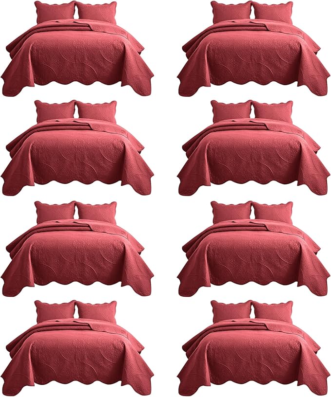 IR Imperial Rooms 8 Pack Quilt King Size Bedding (106" x 96") - Bulk Wholesale for Hotels, Guest Bedroom & Airbnbs - Lightweight Microfiber Reversible Floral Embossed Quilts Bedspreads (Burgundy)